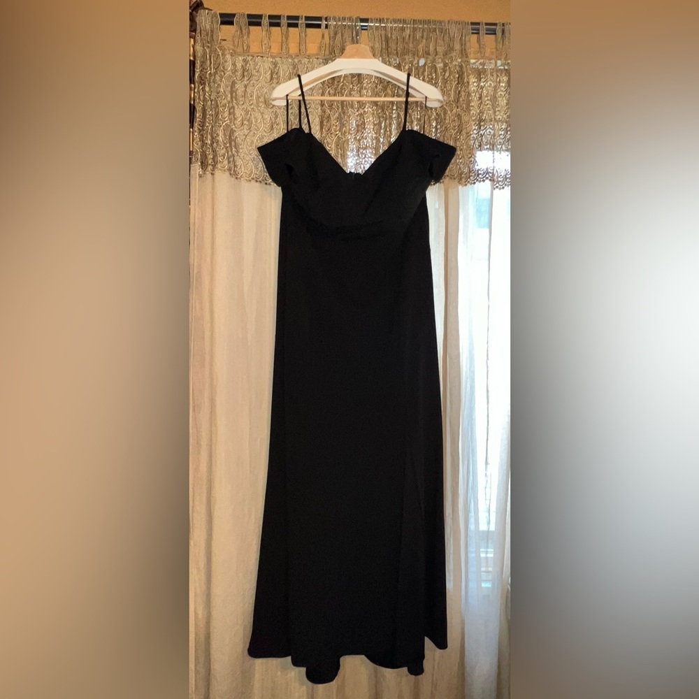 Satin Black off shoulder gown w/ front slit
